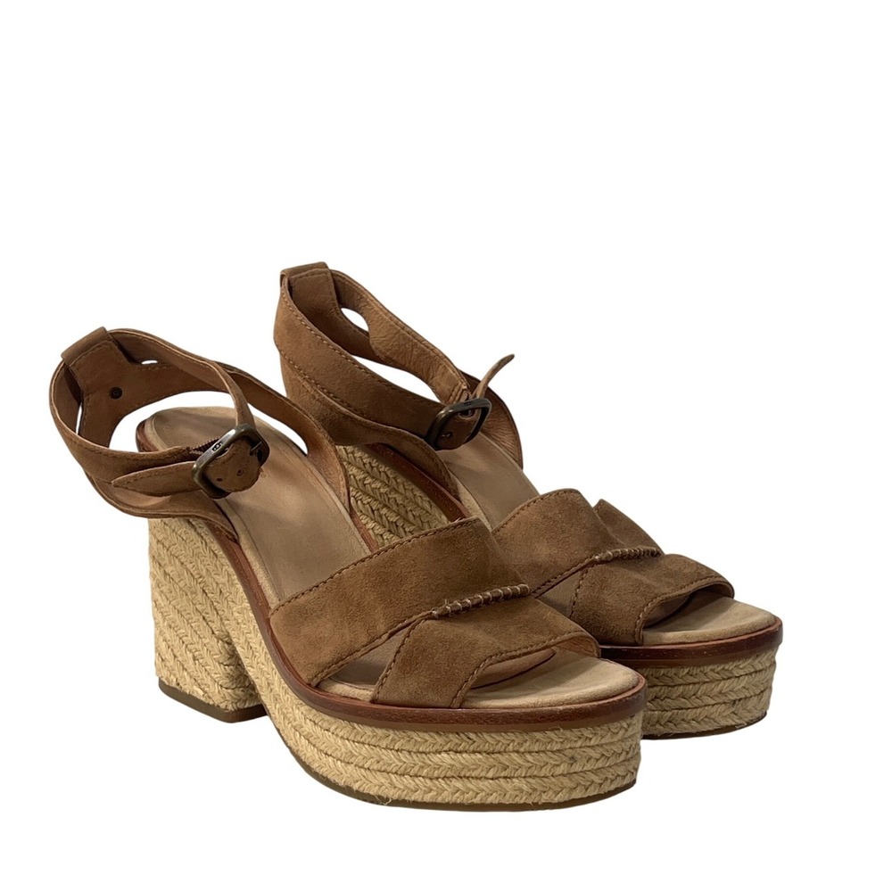 UGG Brown Tan Ankle Strap 4" Chunky Heel Sandals Boho Earth Tones 8 Vacation